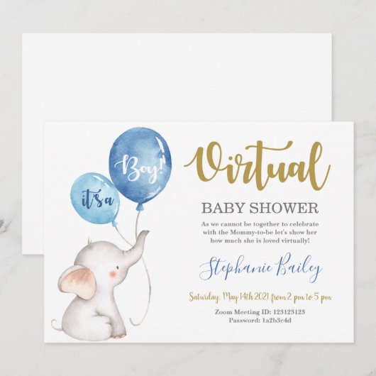 Virtual Elefant Baby Shower Junge Einladung (Vorne/Hinten)