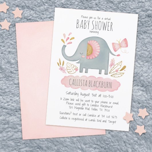 Virtual Elephant Niedlich Blush Pink Girl Babydusc Einladung