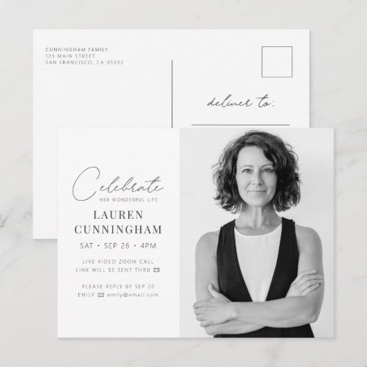 Virtual feiert ihr Leben Modernes, einfaches Foto Einladungspostkarte (Vorne/Hinten)