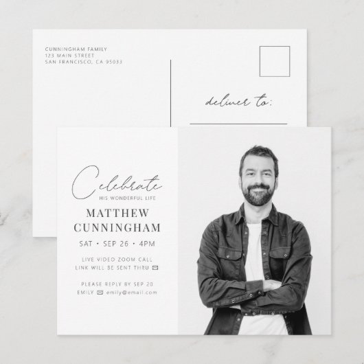 Virtual feiert sein Leben Modernes, einfaches Foto Einladungspostkarte (Vorne/Hinten)