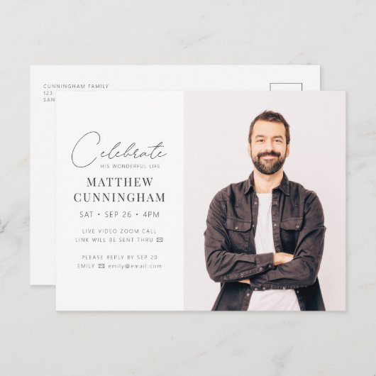 Virtual feiert sein Leben Modernes, einfaches Foto Einladungspostkarte (Vorne/Hinten)