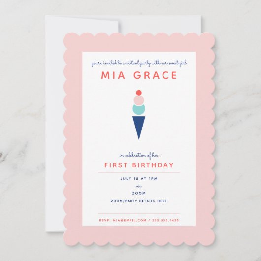 Virtual First Birthday Ice Cream Zoom Party Einladung (Vorderseite)