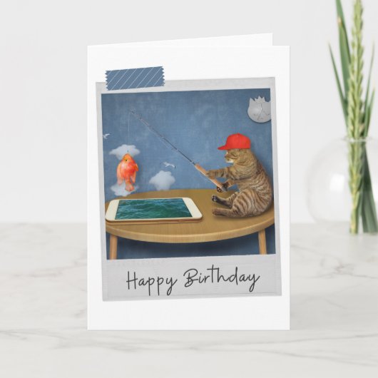 Virtual Fishing Cat Funny Birthday Card Karte (Vorderseite)