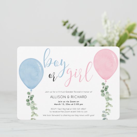 Virtual Gender Reveal blauen rosa Ballons Grün Einladung (Stehend Vorderseite)