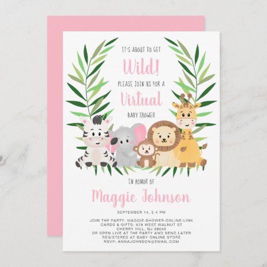 Virtual Get Wild Safari Pink Baby Girl Dusche Einladung (Vorne/Hinten)