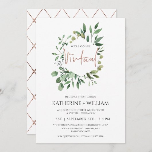 Virtual Gold Eukalyptus Greenery Geometric Wedding Einladung (Vorne/Hinten)