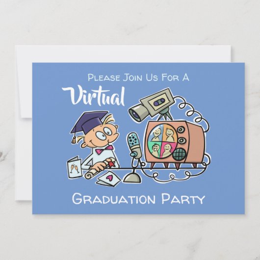 Virtual Graduation Party Funny Cartoon Blau Einladung (Vorderseite)