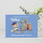 Virtual Graduation Party Funny Cartoon Blau Einladung (Stehend Vorderseite)