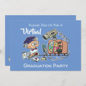 Virtual Graduation Party Funny Cartoon Blau Einladung (Vorne/Hinten)