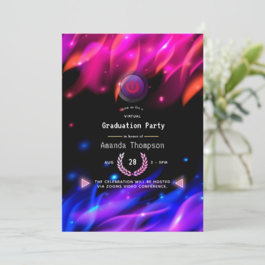 Virtual Graduation Party für Neon Glow Flammen Einladung (Stehend Vorderseite)