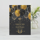 Virtual Graduation Party in Black and Gold Ballon Einladung (Stehend Vorderseite)