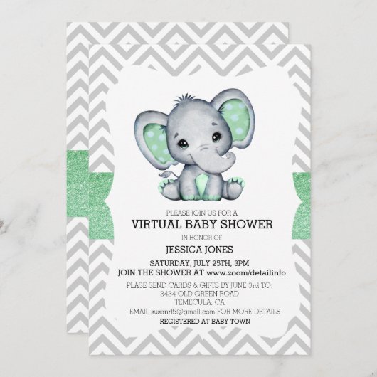 Virtual Green Elephant Zickzack Glitzer Baby Dusch Einladung (Vorne/Hinten)