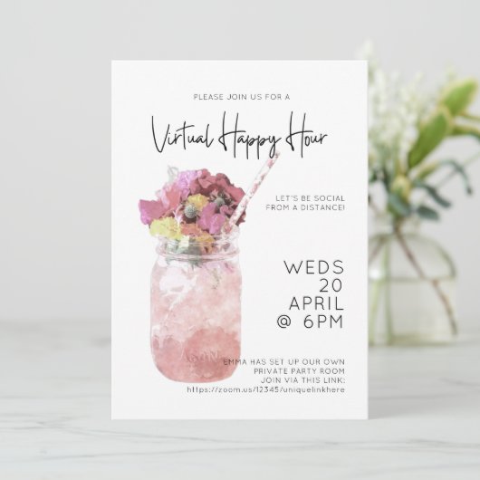 Virtual Happy Hour Party Hell Rosa Einladung (Stehend Vorderseite)