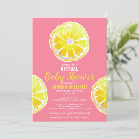 Virtual Lemon Wasserfarbenslices Pink Baby Dusche Einladung (Stehend Vorderseite)