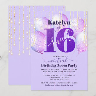 Virtual Lila Glitzer Sweet 16 Geburtstagsballons Einladung