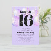 Virtual Lila Sweet 16 Geburtstag Girly Balloons Einladung (Stehend Vorderseite)
