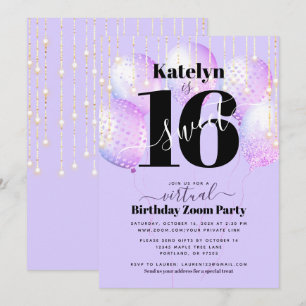 Virtual Lila Sweet 16 Geburtstag Girly Balloons Einladung