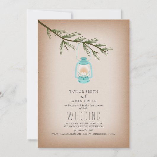 Virtual Live Stream Wedding Blue Lantern Evergreen Einladung (Vorderseite)
