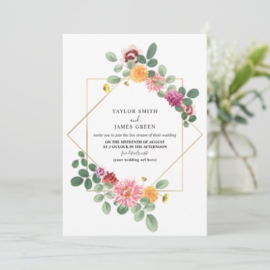 Virtual Live Stream Wedding Geometric Boho Floral Einladung (Stehend Vorderseite)