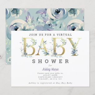 Virtual Long-Distance Blue Flowers Baby Dusche Einladung
