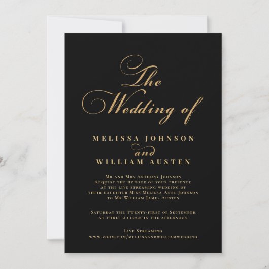 Virtual Modern Black Gold Typografy Wedding Einladung (Vorderseite)