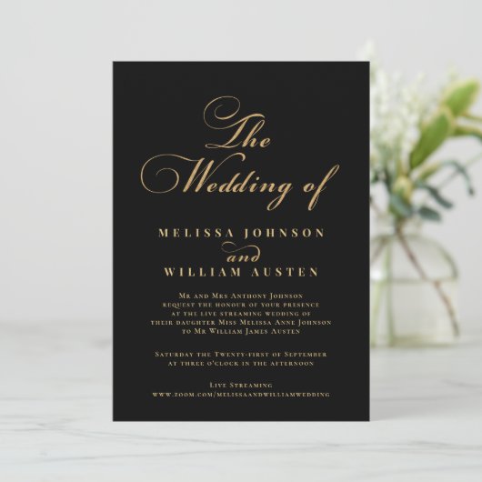 Virtual Modern Black Gold Typografy Wedding Einladung (Stehend Vorderseite)