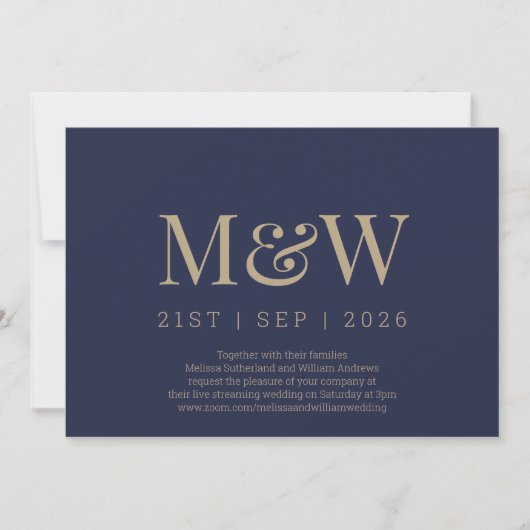 Virtual Modern Navy Gold Monogram Wedding Einladung (Vorderseite)