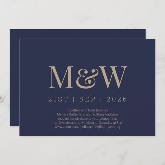 Virtual Modern Navy Gold Monogram Wedding Einladung (Vorne/Hinten)