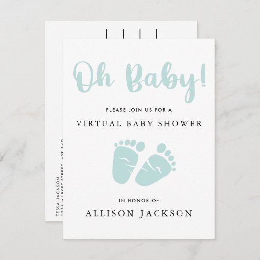 Virtual Oh Baby Mint Green Baby Feet Babydusche Einladungspostkarte (Vorne/Hinten)