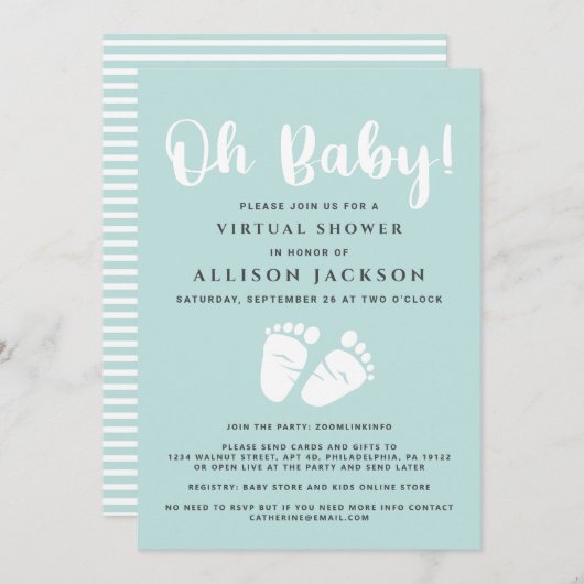 Virtual Oh Babydusche Baby Feet Light Minze White Einladung (Vorne/Hinten)