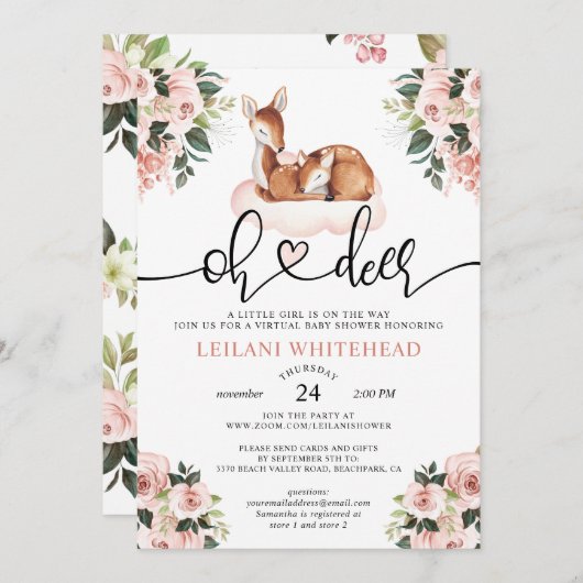 Virtual Oh Deer Baby Dusche Aquarell Floral Einladung (Vorne/Hinten)