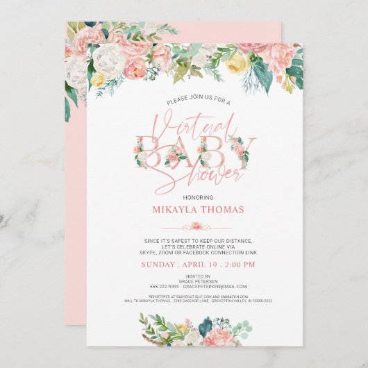 Virtual Online Baby Dusche Rose Gold Pink Blütenbr Einladung (Vorne/Hinten)
