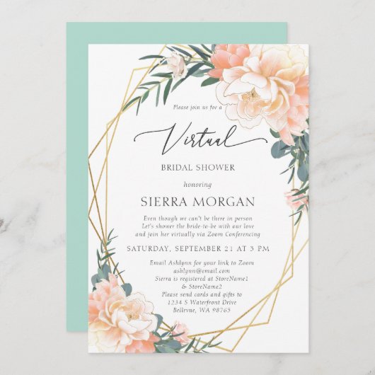 Virtual Peach Floral Gold Minze Green Brautparty Einladung (Vorne/Hinten)