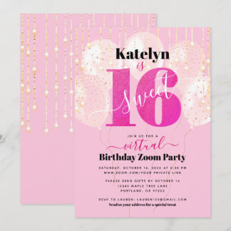 Virtual Pink Glitzer Sweet 16 Birthday Balloons Einladung