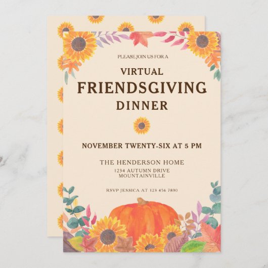 Virtual Pumpkin Sonnenblumen Freundliches Abendess Einladung (Vorne/Hinten)