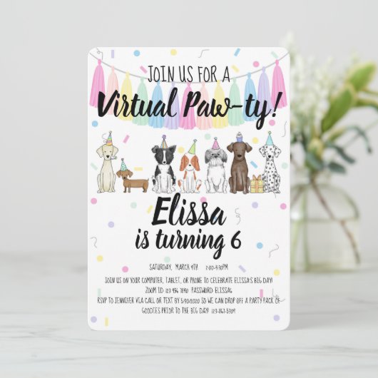 Virtual Puppy Dog Girl Birthday Pawty Einladung (Stehend Vorderseite)