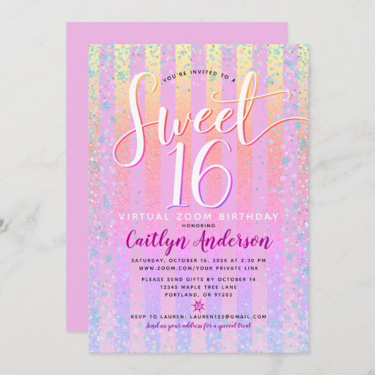 Virtual Rainbow Ombre Sweet 16 Birthday Girly Chic Einladung (Vorne/Hinten)