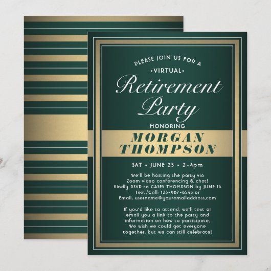 Virtual Retirement Party Grün Weiß und Gold Einladung (Vorne/Hinten)