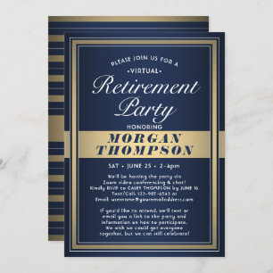Virtual Retirement Party Navy Blue White und Gold Einladung