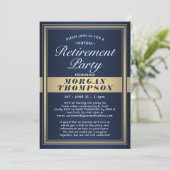 Virtual Retirement Party Navy Blue White und Gold Einladung (Stehend Vorderseite)