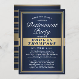Virtual Retirement Party Navy Blue White und Gold Einladung