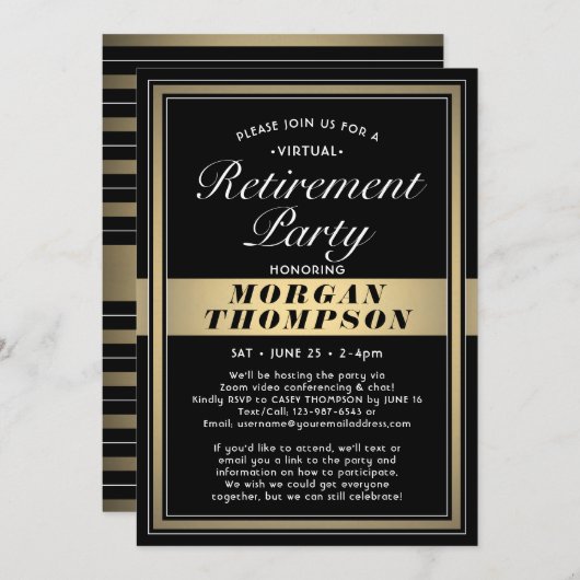 Virtual Retirement Party Schwarz-weiß und Gold Einladung (Vorne/Hinten)