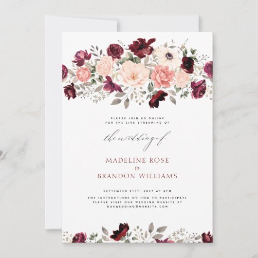Virtual Rustic Burgundy Blush Floral Wedding Einladung (Vorderseite)