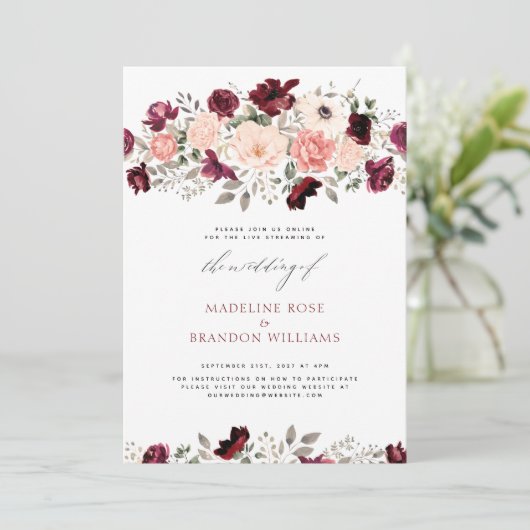 Virtual Rustic Burgundy Blush Floral Wedding Einladung (Stehend Vorderseite)
