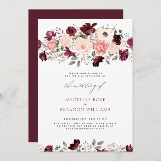 Virtual Rustic Burgundy Blush Floral Wedding Einladung (Vorne/Hinten)