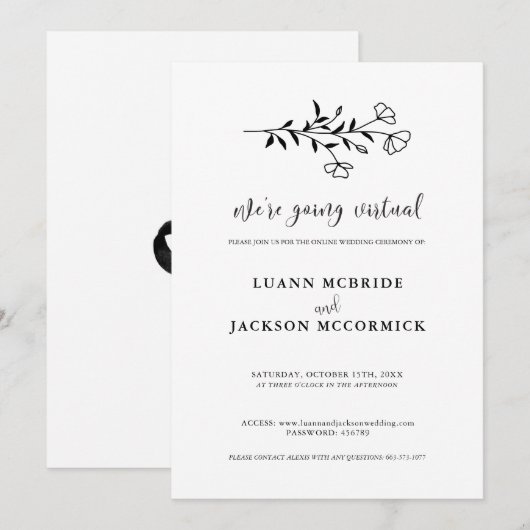 Virtual Schwarz-weiß Floral Wedding Card (Vorne/Hinten)