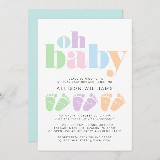 Virtual Shower Baby Feet Pastel Moderne Typografie Einladung (Vorne/Hinten)