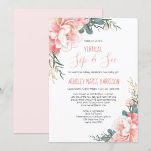 Virtual Sip & See Blush Pink Gold Baby Dusche Einladung