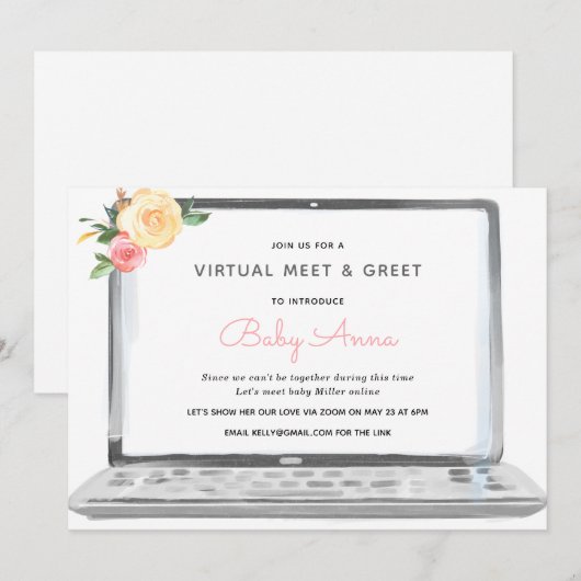 Virtual Sip & See Welcome Baby Einladung (Vorne/Hinten)