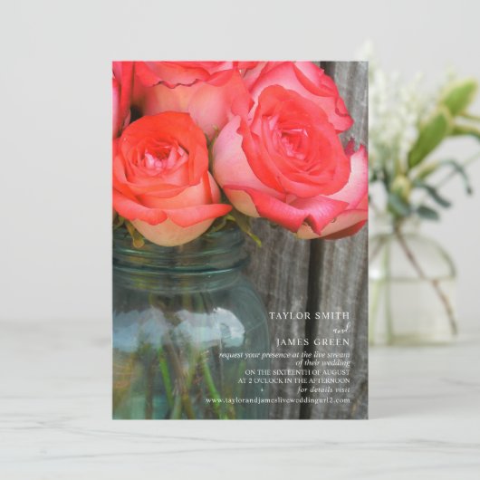 Virtual Streaming Hochzeit rustikale Rose Jar Einladung (Stehend Vorderseite)